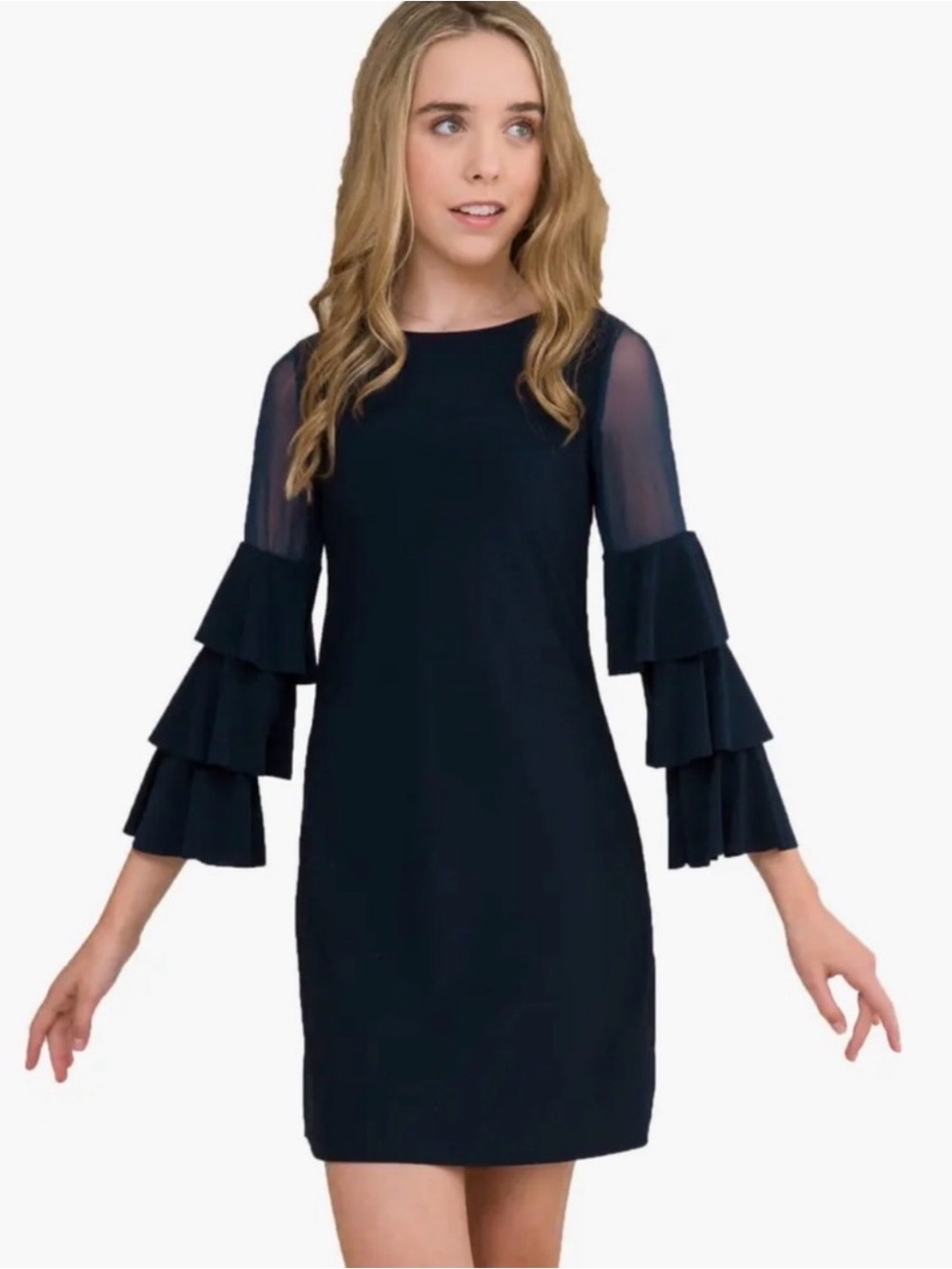 Girls Navy Tiered Ruffle Sleeve Dress